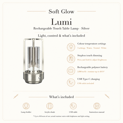 Lumi silver lamp colour temperature settings, touch dimming, charging and included items