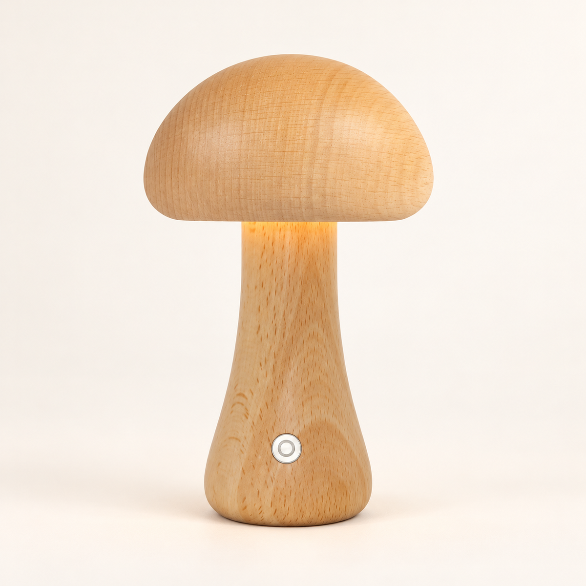Marlow rechargeable wooden mushroom lamp in natural wood on a warm ivory background