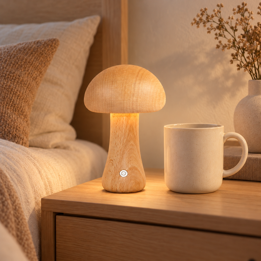 Marlow natural wood mushroom lamp beside an ivory cup on an oak bedside table in a warm neutral bedroom