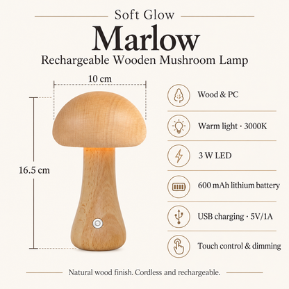Marlow Natural lamp specifications: 16.5 cm high, 10 cm diameter, wood and PC, 3W warm 3000K LED and touch dimming