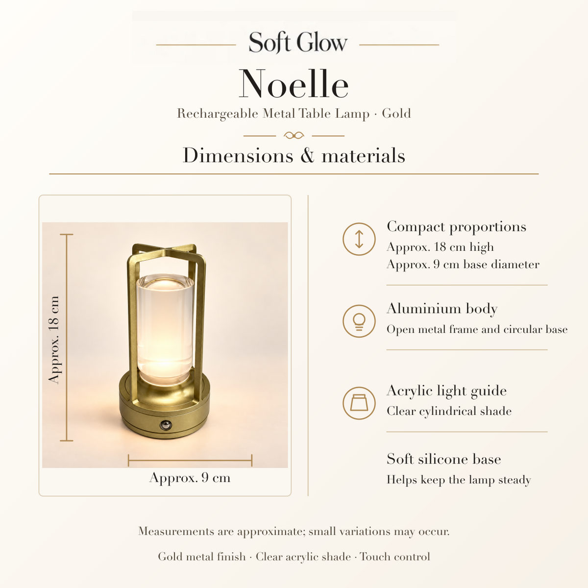 Noelle gold table lamp approximate dimensions and verified materials.