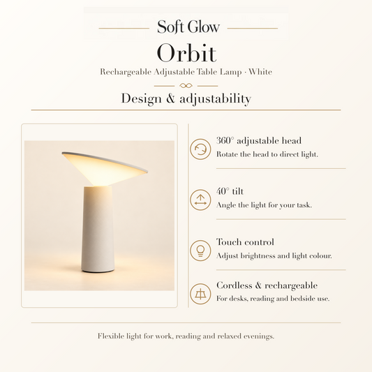 Orbit lamp design, 360-degree rotation, 40-degree tilt, and touch control