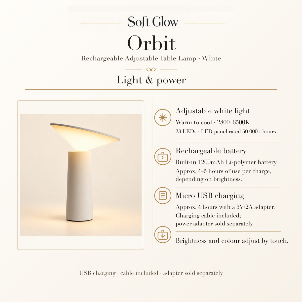 Orbit lamp light settings, battery, runtime, and Micro USB charging