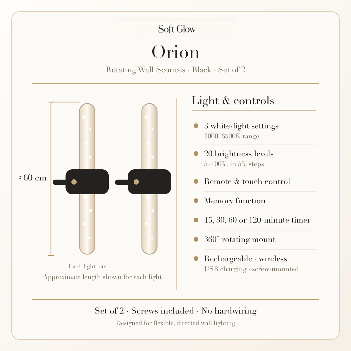 Orion black rotating rechargeable wall sconces specifications: approximate 60 cm bar length, lighting settings, brightness, controls, timer, rotation, USB charging and screw mounting.