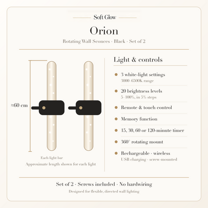 Orion black rotating rechargeable wall sconces specifications: approximate 60 cm bar length, lighting settings, brightness, controls, timer, rotation, USB charging and screw mounting.