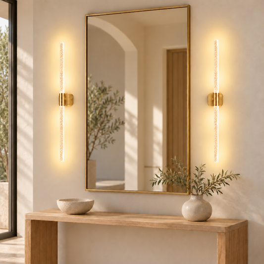 Orion gold wall sconces framing an entryway mirror