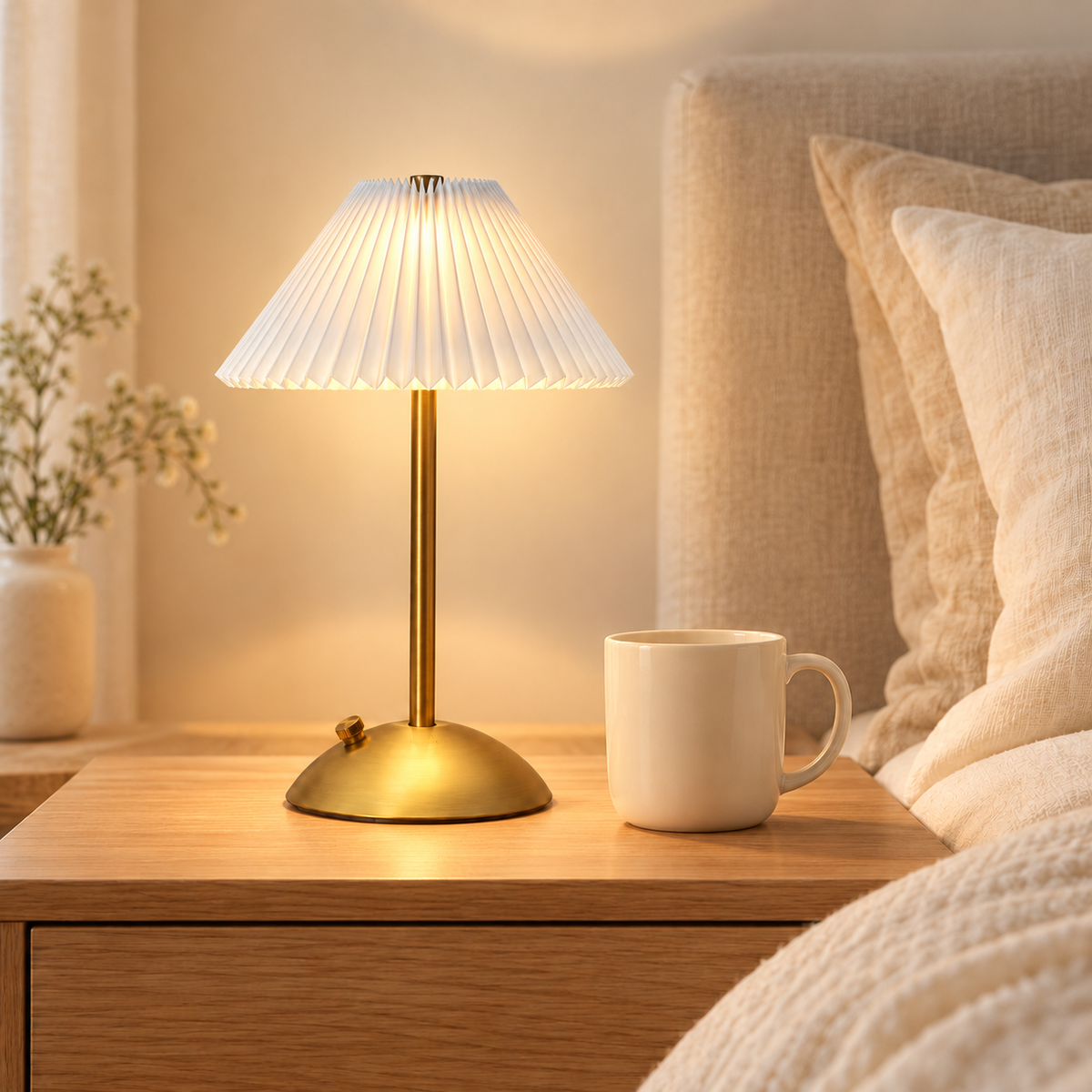 Poppy 30 cm white rechargeable table lamp beside a 9 cm ivory mug