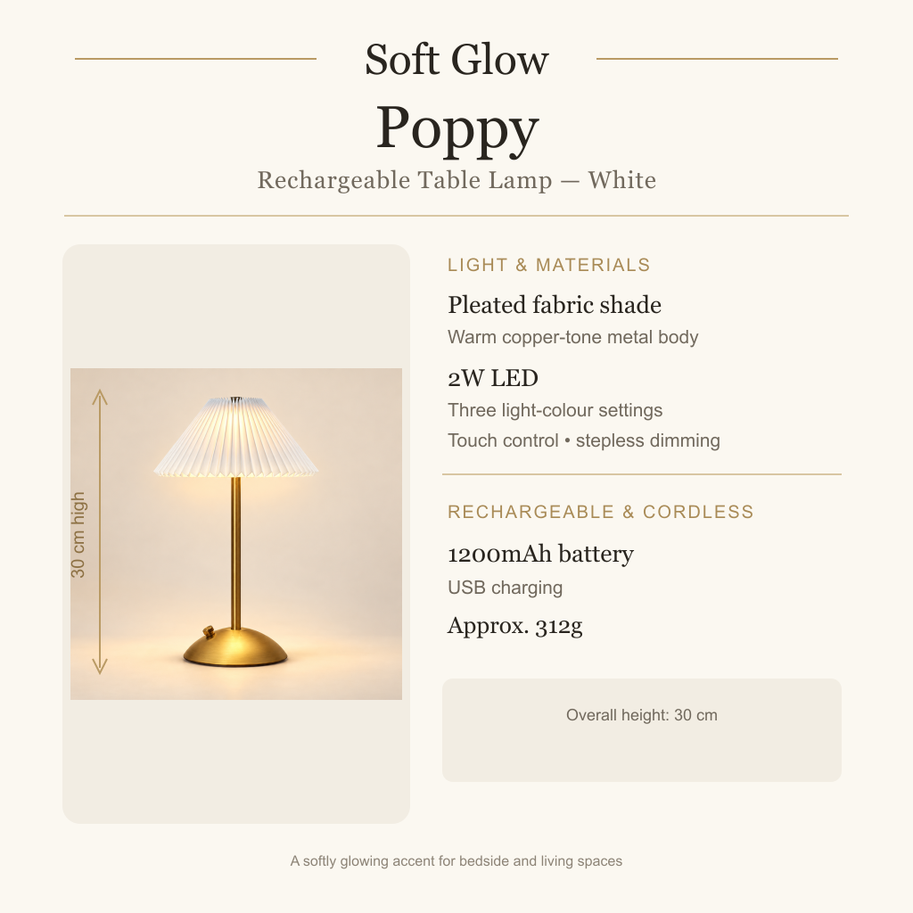 Poppy White lamp dimensions, materials, light, control and power