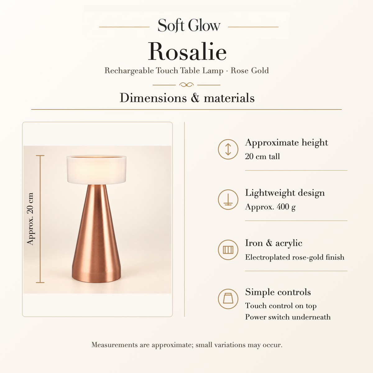 Rosalie dimensions, materials, approximate weight and controls