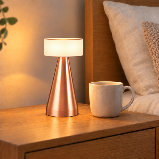 Rosalie rose-gold table lamp beside a cup on a bedside table in a warm neutral bedroom