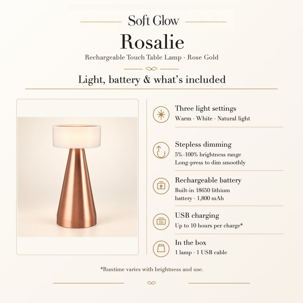 Rosalie light settings, dimming, rechargeable battery, charging and included items
