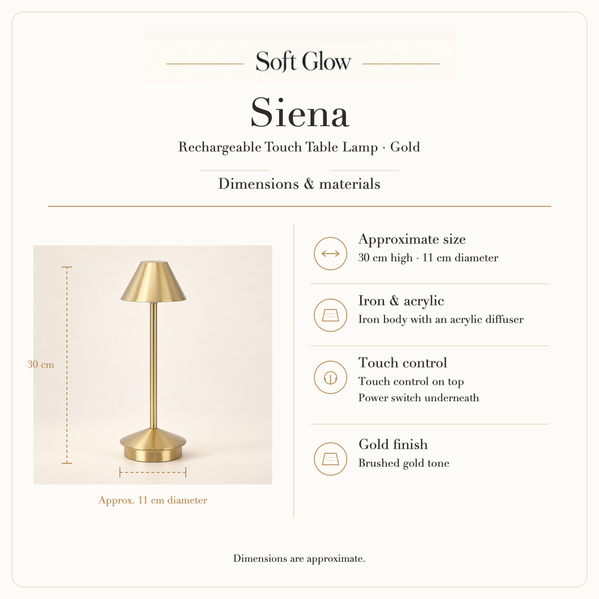 Siena lamp approximate dimensions and materials