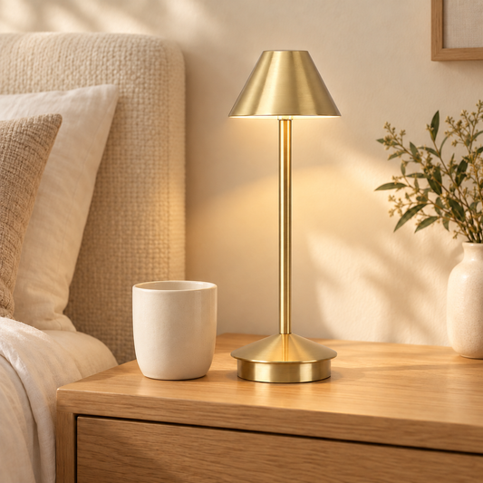 Siena rechargeable touch table lamp in brushed gold on a bedside table beside a cup