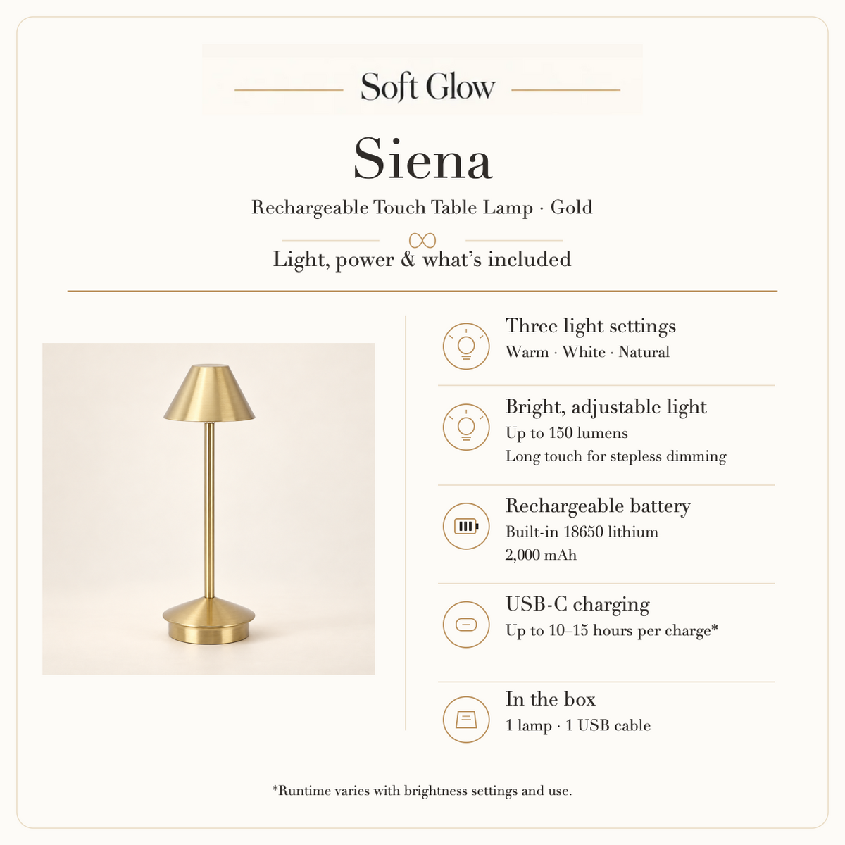 Siena lamp light settings, battery, charging and included items