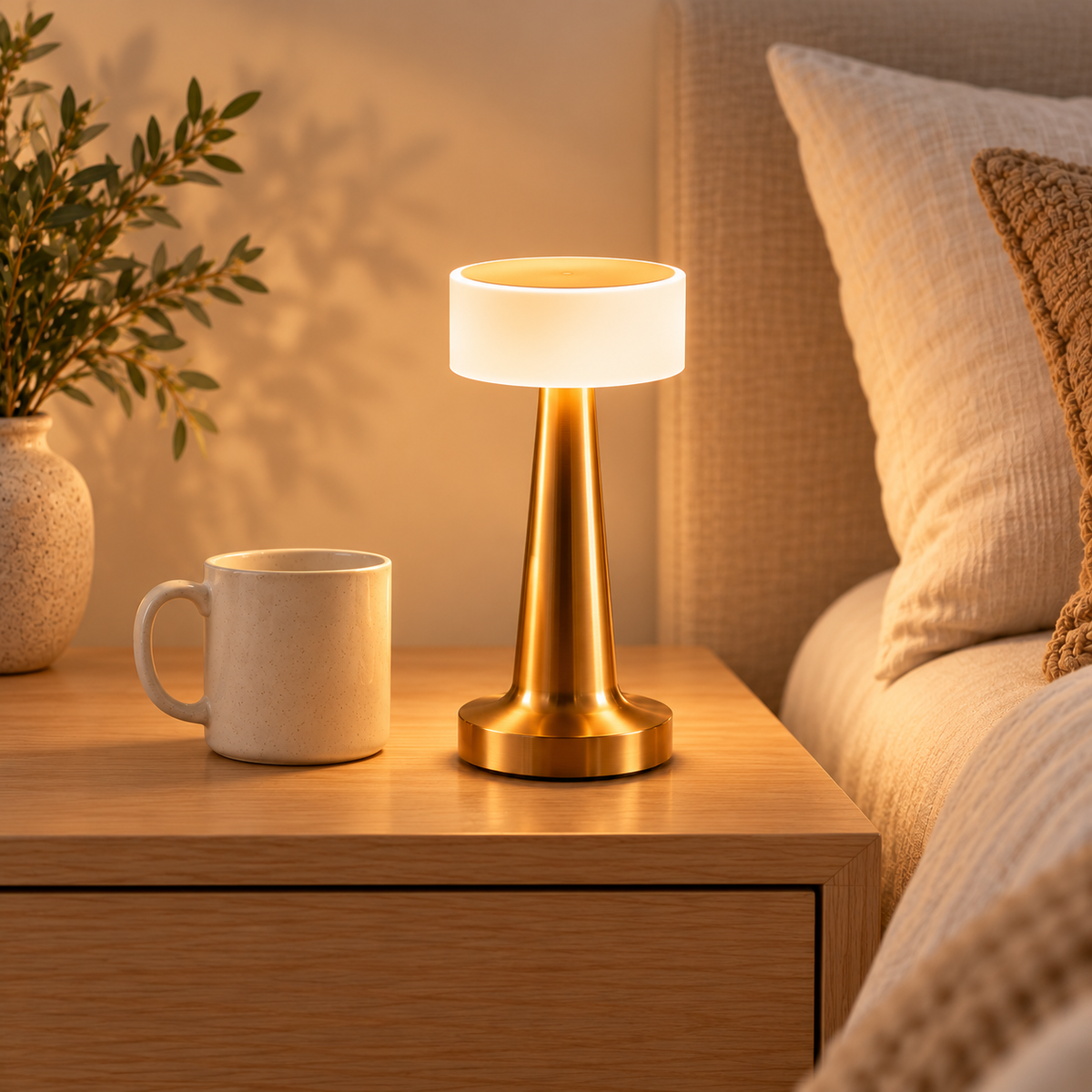 Solène gold acrylic table lamp beside a mug, showing its 21.5 cm height