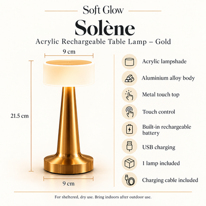 Solène gold acrylic table lamp dimensions, materials, touch control and charging details