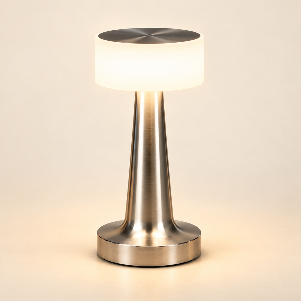 Solène Acrylic Rechargeable Table Lamp – Silver on a warm ivory studio background
