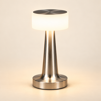 Solène Acrylic Rechargeable Table Lamp – Silver on a warm ivory studio background