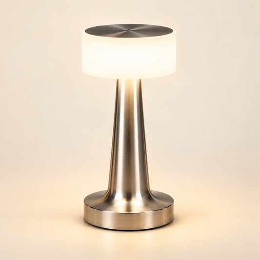 Solène Acrylic Rechargeable Table Lamp – Silver on a warm ivory studio background