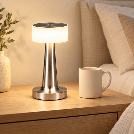Solène silver acrylic table lamp beside a 9 cm mug, showing its 21.5 cm height