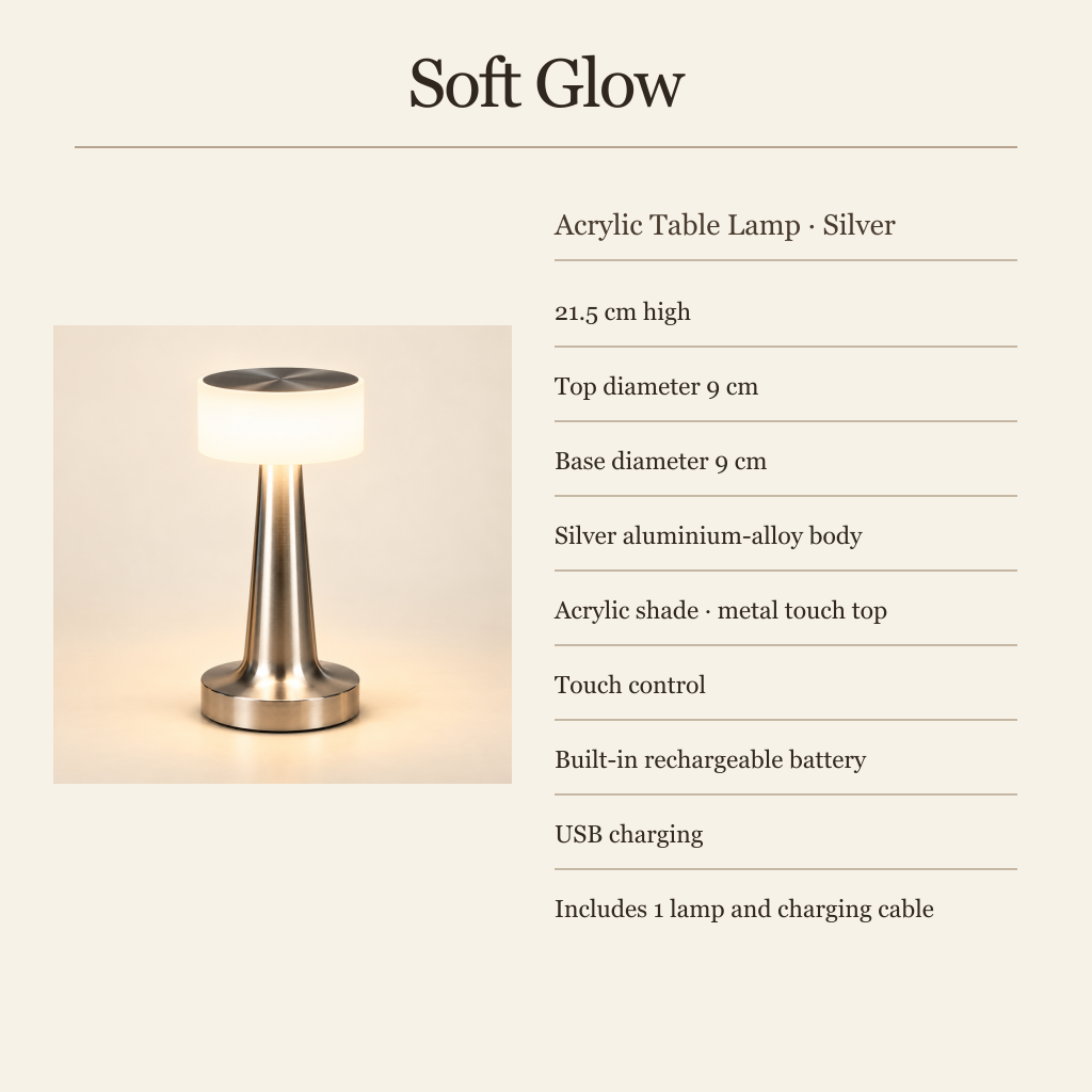 Solène silver acrylic table lamp dimensions, materials, touch control and charging details