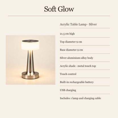 Solène silver acrylic table lamp dimensions, materials, touch control and charging details