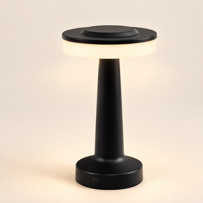 Solène Rechargeable Mushroom Table Lamp – Black on a warm ivory studio background