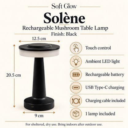 Solène black mushroom table lamp dimensions, touch control, rechargeable battery and USB-C charging