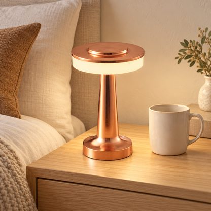 Solène bronze lamp beside an ivory mug on an oak table in a warm neutral bedroom