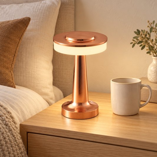 Solène bronze lamp beside an ivory mug on an oak table in a warm neutral bedroom