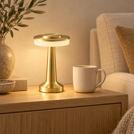 Solène gold table lamp beside an ivory mug on an oak console in a warm neutral living room