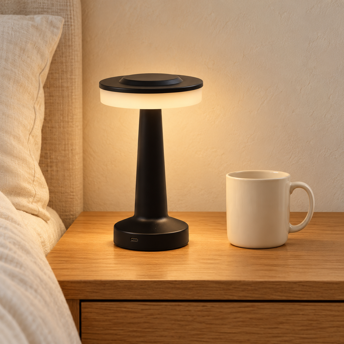 Solène black mushroom table lamp beside a 9 cm mug, shown at accurate 20.5 cm scale