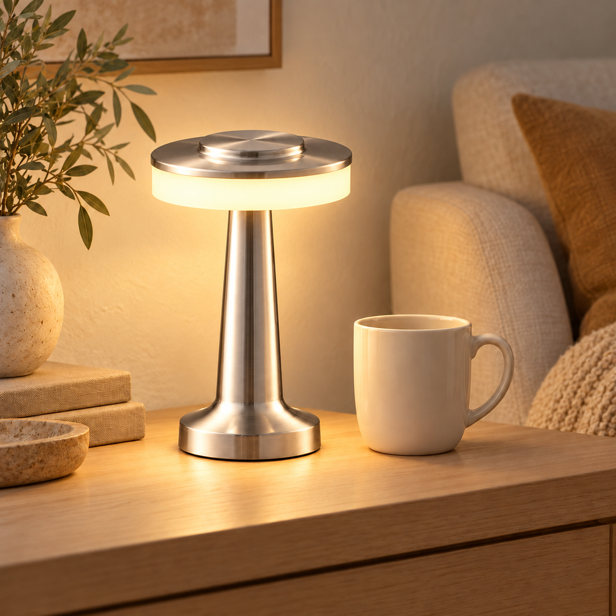 Solène Silver rechargeable mushroom lamp beside an ivory mug in a warm neutral living room