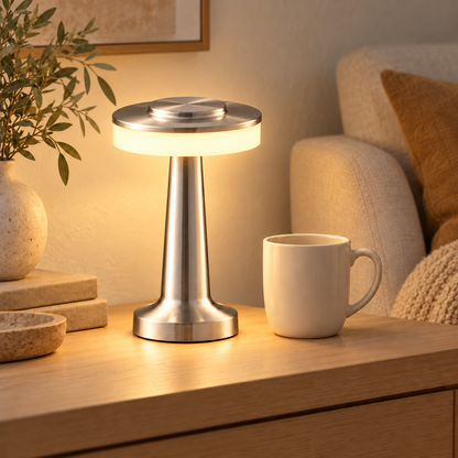 Solène Silver rechargeable mushroom lamp beside an ivory mug in a warm neutral living room